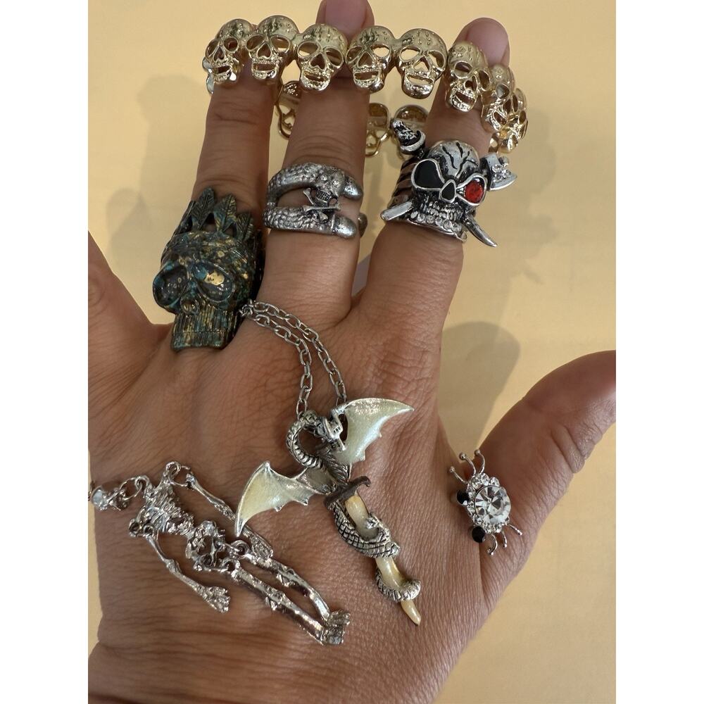 11 Piece Jewelry Lot Rings Skull Gothic Dragon Necklace Spider Brooch Halloween